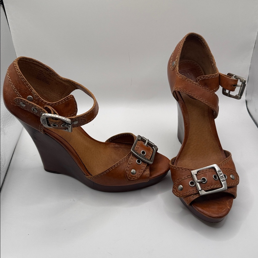 Frye Brown Leather Buckle Wedge Sandals